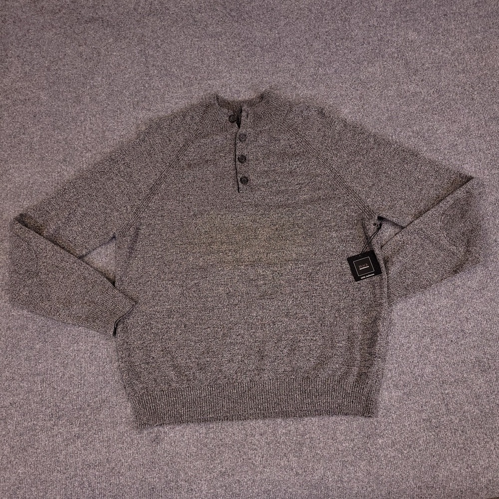 Black Saks Fifth Avenue 2 Ply Cashmere Sweater Mens XL Gray Heather Henley Elbow